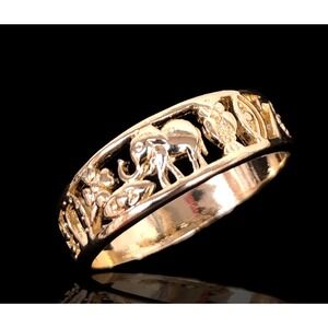 Laminated Gold Tone Animal Motif Ring Elephant Bird Lucky Band‎ Statement Size 9